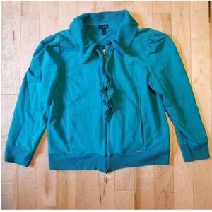 Escada Sport teal blue zip up jacket w ruffle at the zipper size XL